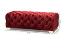 Gates Burgundy Velvet Fabric Gold Finished Button Tufted Bench Ottoman Baxton