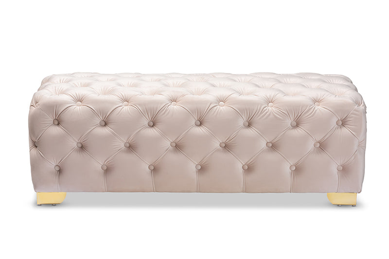 Gates Glam and Luxe Light Beige Velvet Fabric Upholstered Gold Finished Button Tufted Bench Ottoman