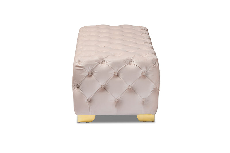 Gates Glam and Luxe Light Beige Velvet Fabric Upholstered Gold Finished Button Tufted Bench Ottoman