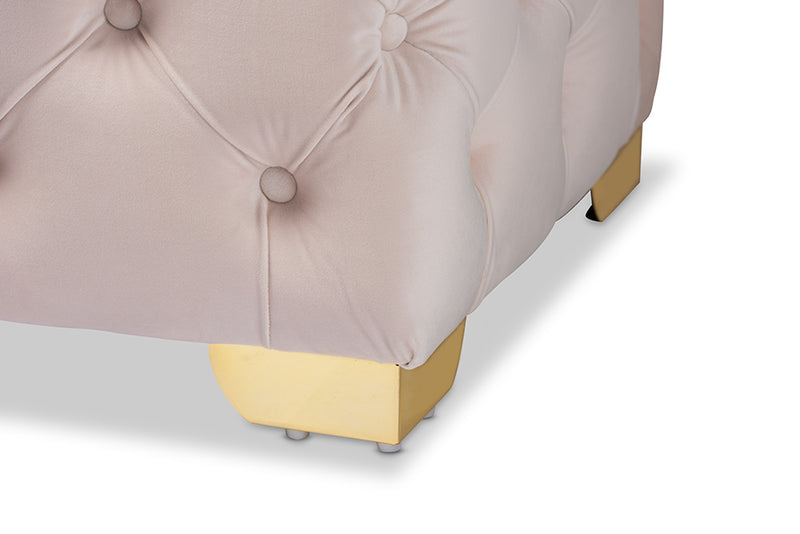 Gates Glam and Luxe Light Beige Velvet Fabric Upholstered Gold Finished Button Tufted Bench Ottoman