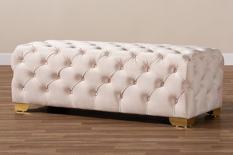 Gates Glam and Luxe Light Beige Velvet Fabric Upholstered Gold Finished Button Tufted Bench Ottoman