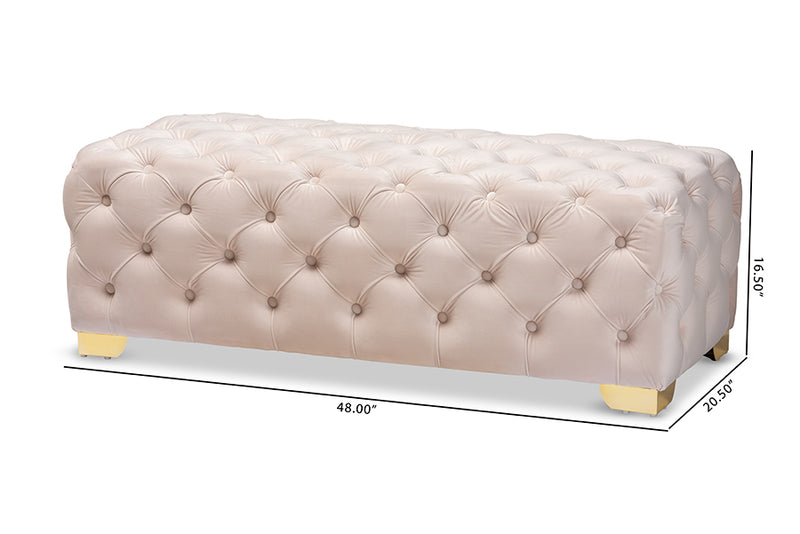 Gates Glam and Luxe Light Beige Velvet Fabric Upholstered Gold Finished Button Tufted Bench Ottoman