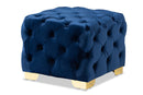 Gates Royal Blue Velvet Fabric Upholstered Gold Finished Button Tufted Ottoman Baxton