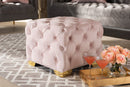 Gates Light Pink Velvet Fabric Upholstered Gold Finished Button Tufted Ottoman Baxton