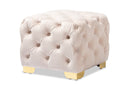 Gates Light Beige Velvet Fabric Upholstered Gold Finished Button Tufted Ottoman Baxton
