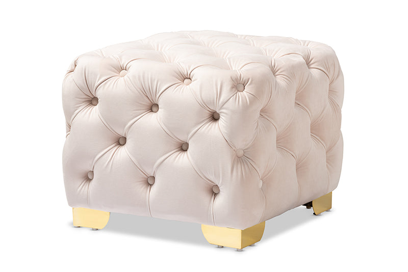 Gates Glam and Luxe Light Beige Velvet Fabric Upholstered Gold Finished Button Tufted Ottoman