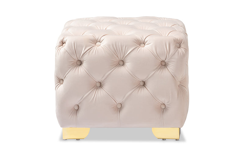 Gates Glam and Luxe Light Beige Velvet Fabric Upholstered Gold Finished Button Tufted Ottoman