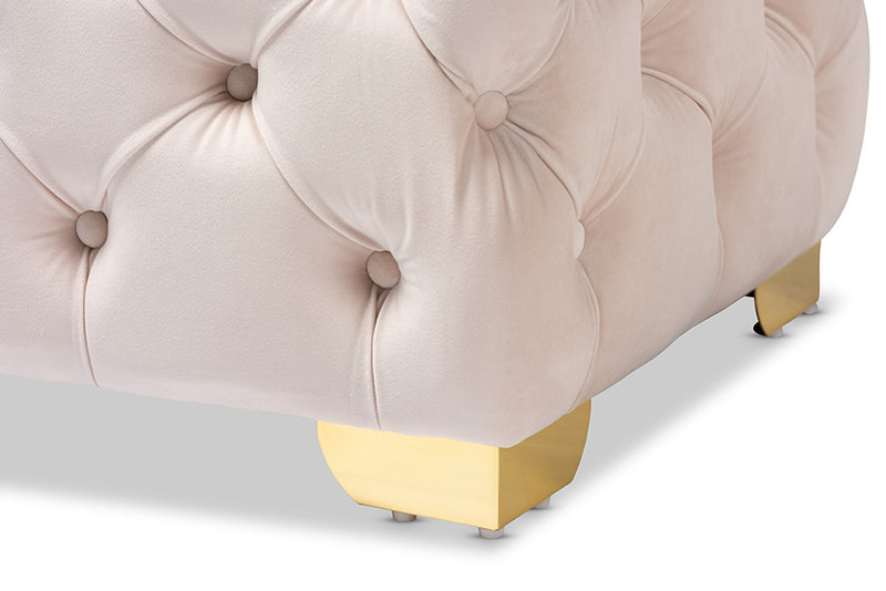 Gates Glam and Luxe Light Beige Velvet Fabric Upholstered Gold Finished Button Tufted Ottoman