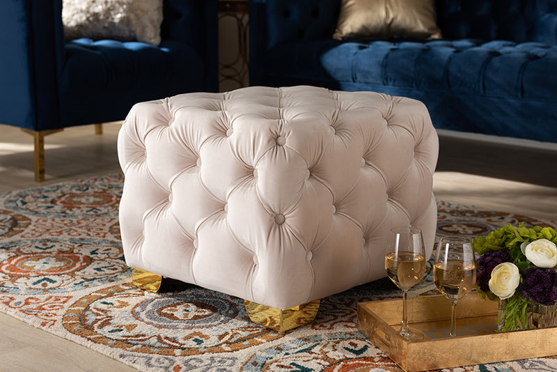 Gates Glam and Luxe Light Beige Velvet Fabric Upholstered Gold Finished Button Tufted Ottoman