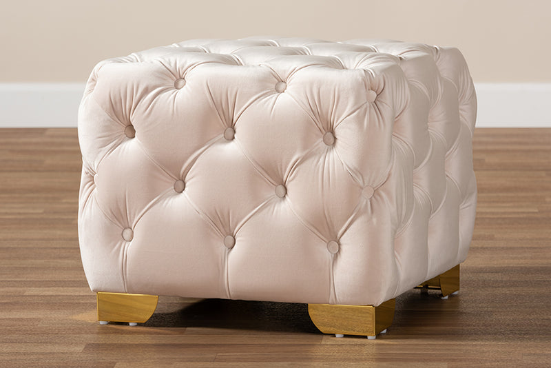 Gates Glam and Luxe Light Beige Velvet Fabric Upholstered Gold Finished Button Tufted Ottoman