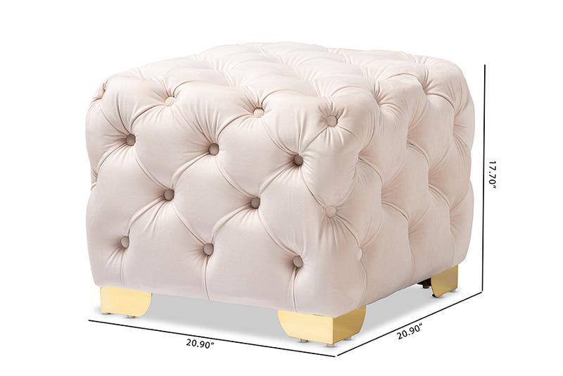 Gates Glam and Luxe Light Beige Velvet Fabric Upholstered Gold Finished Button Tufted Ottoman