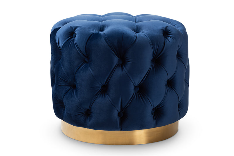Panchali Glam Royal Blue Velvet Fabric Upholstered Gold-Finished Button Tufted Ottoman