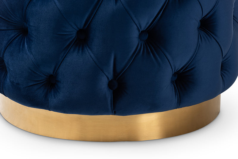 Panchali Glam Royal Blue Velvet Fabric Upholstered Gold-Finished Button Tufted Ottoman