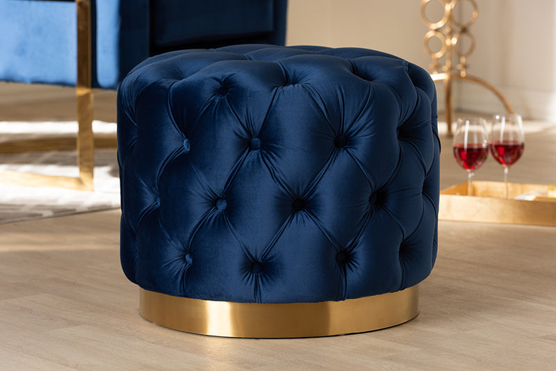 Panchali Glam Royal Blue Velvet Fabric Upholstered Gold-Finished Button Tufted Ottoman
