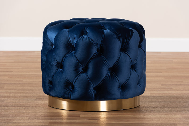 Panchali Glam Royal Blue Velvet Fabric Upholstered Gold-Finished Button Tufted Ottoman