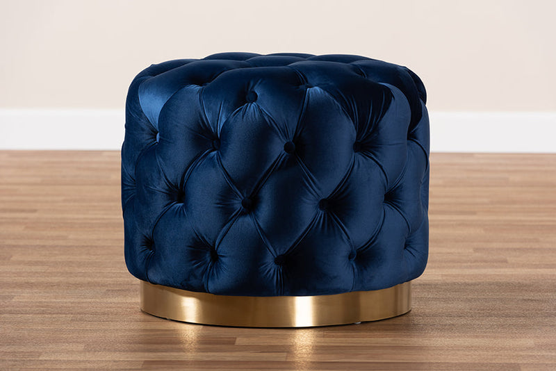 Panchali Royal Blue Velvet Fabric Upholstered Gold-Finished Ottoman Baxton