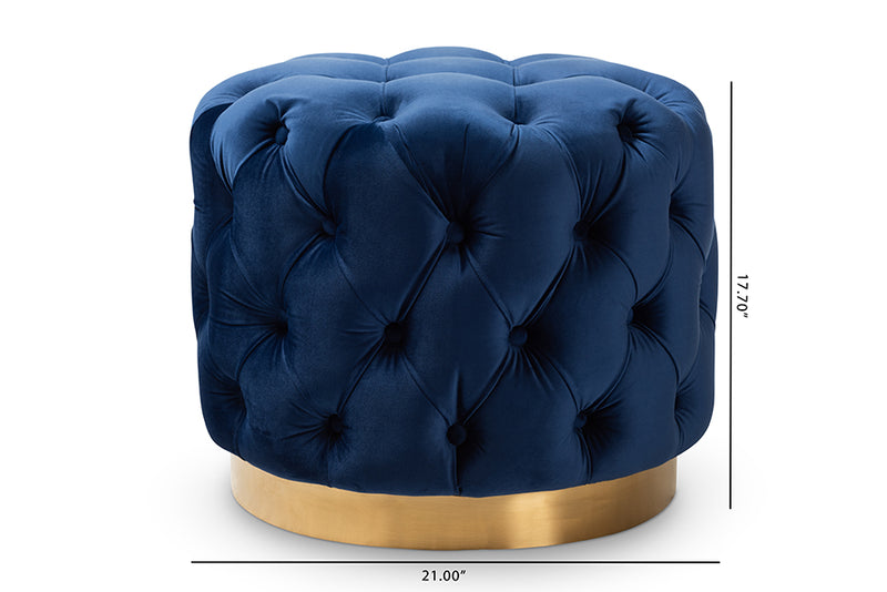 Panchali Glam Royal Blue Velvet Fabric Upholstered Gold-Finished Button Tufted Ottoman