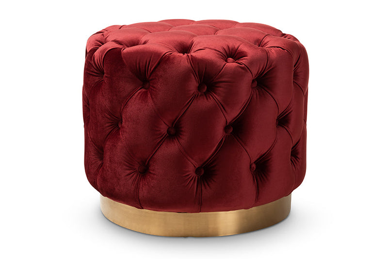 Panchali Burgundy Red Velvet Fabric Upholstered Gold-Finished Ottoman Baxton