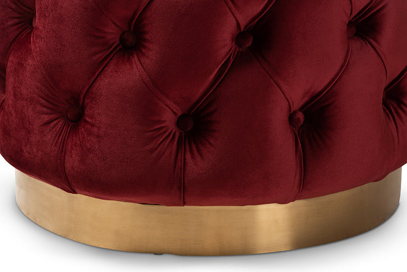 Panchali Burgundy Red Velvet Fabric Upholstered Gold-Finished Ottoman Baxton