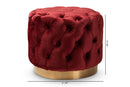 Panchali Burgundy Red Velvet Fabric Upholstered Gold-Finished Ottoman Baxton