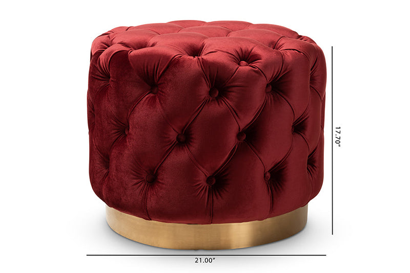 Panchali Burgundy Red Velvet Fabric Upholstered Gold-Finished Ottoman Baxton