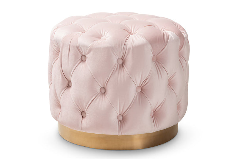 Panchali Light Pink Velvet Fabric Upholstered Gold-Finished Ottoman Baxton