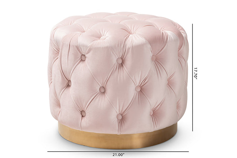 Panchali Light Pink Velvet Fabric Upholstered Gold-Finished Ottoman Baxton