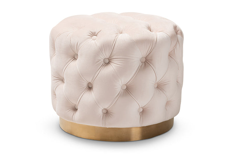 Panchali Light Beige Velvet Fabric Upholstered Gold-Finished Ottoman Baxton