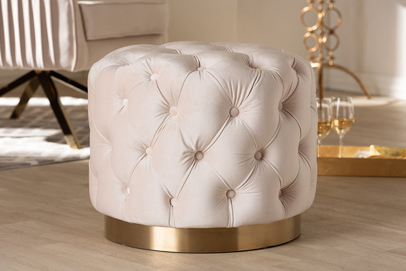 Panchali Light Beige Velvet Fabric Upholstered Gold-Finished Ottoman Baxton