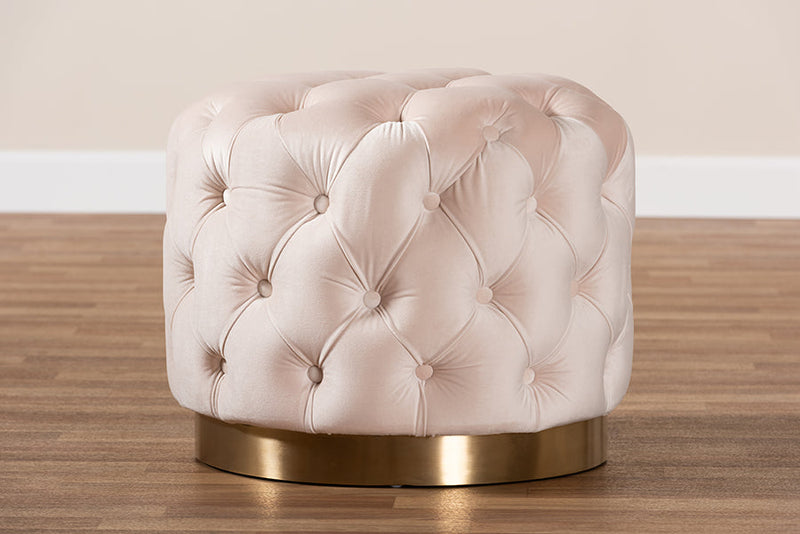 Panchali Light Beige Velvet Fabric Upholstered Gold-Finished Ottoman Baxton