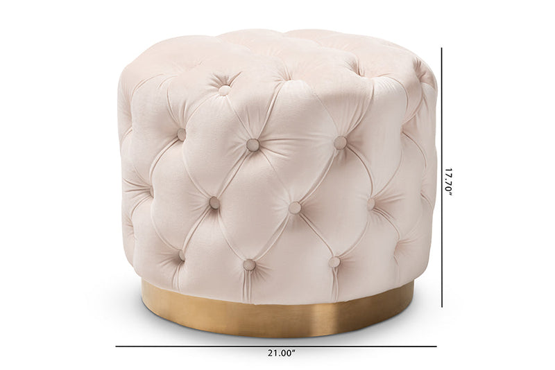 Panchali Light Beige Velvet Fabric Upholstered Gold-Finished Ottoman Baxton