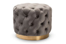 Panchali Gray Velvet Fabric Upholstered Gold-Finished Button Tufted Ottoman Baxton