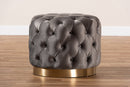 Panchali Gray Velvet Fabric Upholstered Gold-Finished Button Tufted Ottoman Baxton