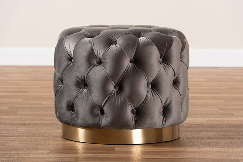Panchali Gray Velvet Fabric Upholstered Gold-Finished Button Tufted Ottoman Baxton