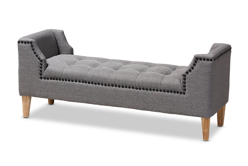 Cladine Modern and Contemporary Gray Linen Fabric Upholstered Oak Brown Finished Wood Bench