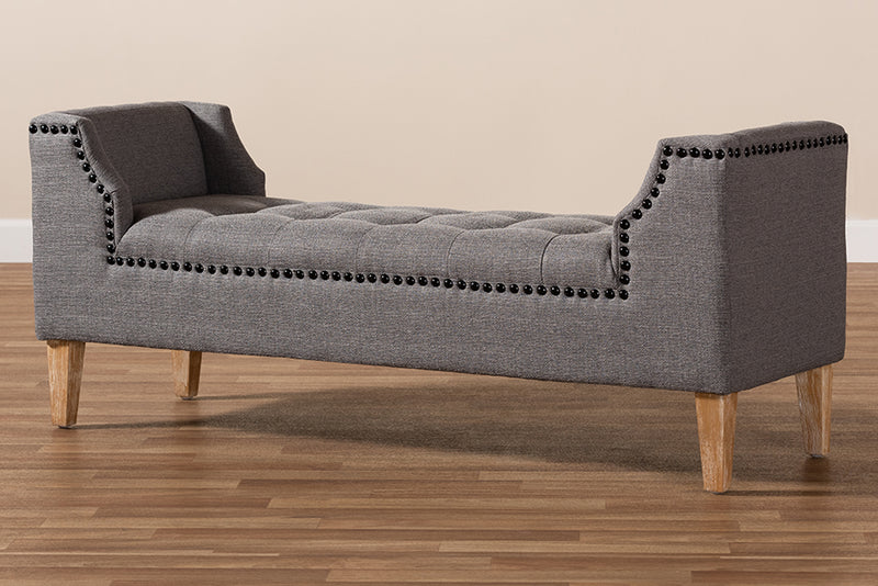 Cladine Modern and Contemporary Gray Linen Fabric Upholstered Oak Brown Finished Wood Bench