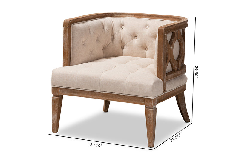 Edric French Provincial Beige Linen Fabric Upholstered and White-Washed Oak Wood Accent Barrel Chair