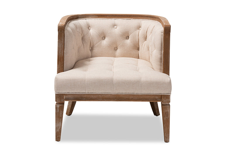 Edric French Provincial Beige Linen Fabric Upholstered and White-Washed Oak Wood Accent Barrel Chair