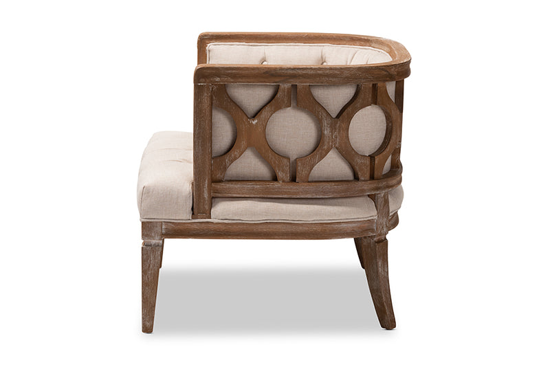 Edric French Provincial Beige Linen Fabric Upholstered and White-Washed Oak Wood Accent Barrel Chair