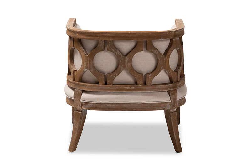 Edric French Provincial Beige Linen Fabric Upholstered and White-Washed Oak Wood Accent Barrel Chair