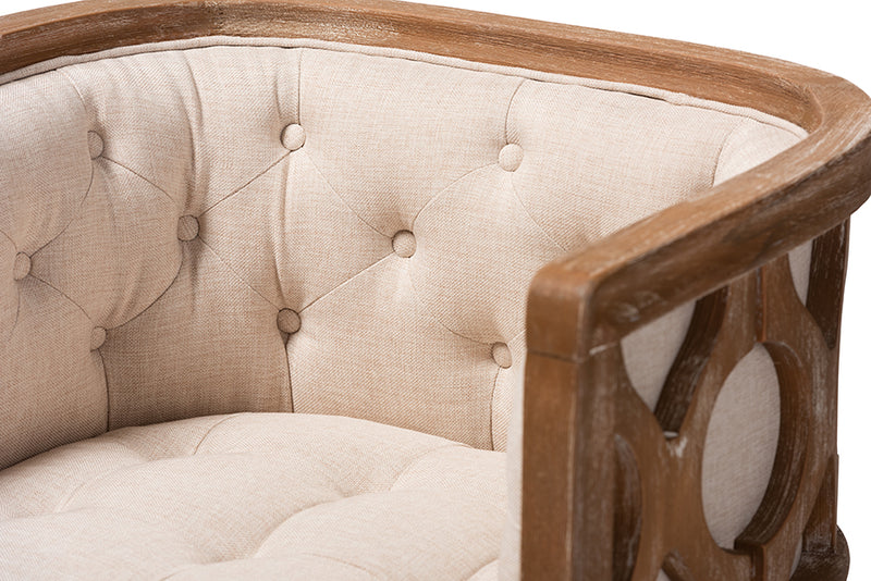 Edric French Provincial Beige Linen Fabric Upholstered and White-Washed Oak Wood Accent Barrel Chair