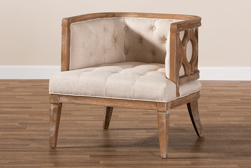 Edric French Provincial Beige Linen Fabric Upholstered and White-Washed Oak Wood Accent Barrel Chair