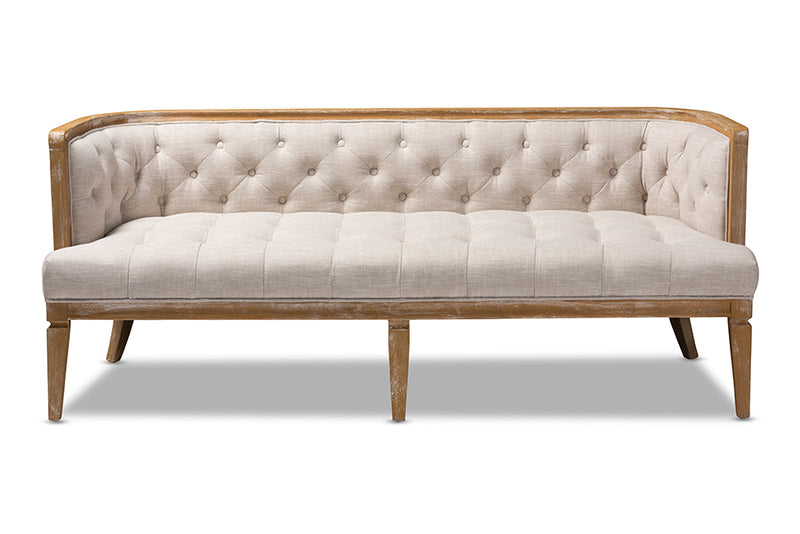 Colette French Provincial Beige Linen Fabric Upholstered and White-Washed Oak Wood Sofa