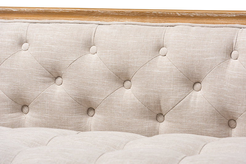 Colette French Provincial Beige Linen Fabric Upholstered and White-Washed Oak Wood Sofa