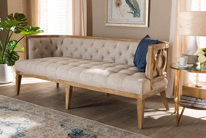 Colette French Provincial Beige Linen Fabric Upholstered and White-Washed Oak Wood Sofa