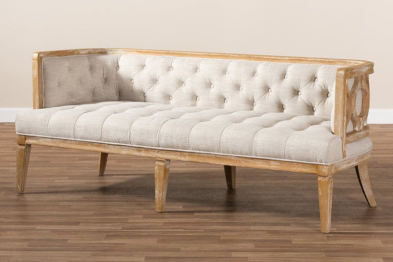 Colette French Provincial Beige Linen Fabric Upholstered and White-Washed Oak Wood Sofa