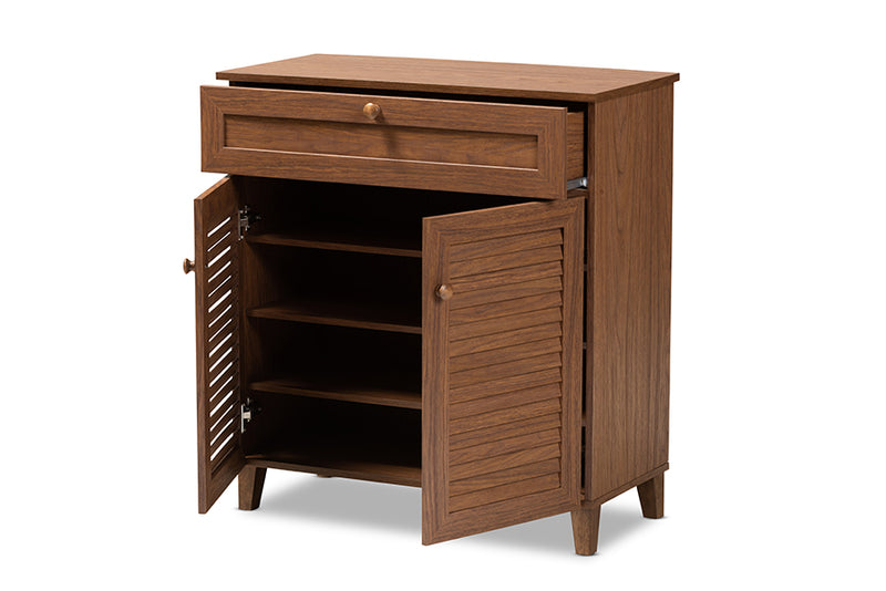 Theo Modern and Contemporary Walnut Finished 4-Shelf Wood Shoe Storage Cabinet w/Drawer