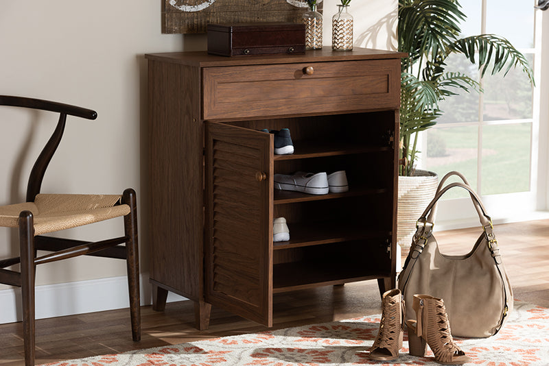 Theo Modern and Contemporary Walnut Finished 4-Shelf Wood Shoe Storage Cabinet w/Drawer