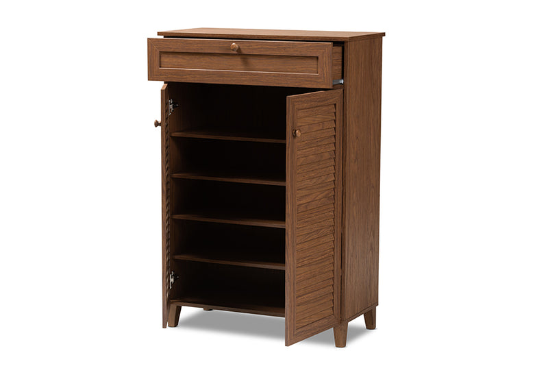 Theo Modern and Contemporary Walnut Finished 5-Shelf Wood Shoe Storage Cabinet w/Drawer