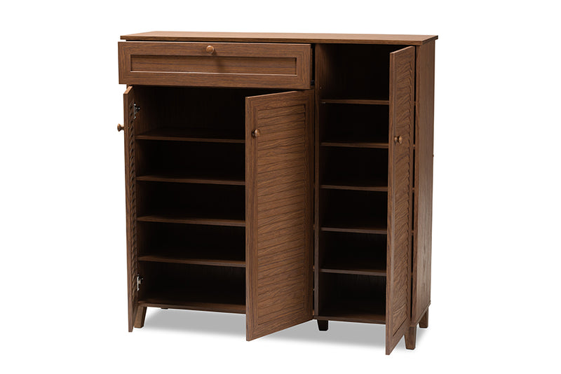 Theo Modern and Contemporary Walnut Finished 11-Shelf Wood Shoe Storage Cabinet w/Drawer